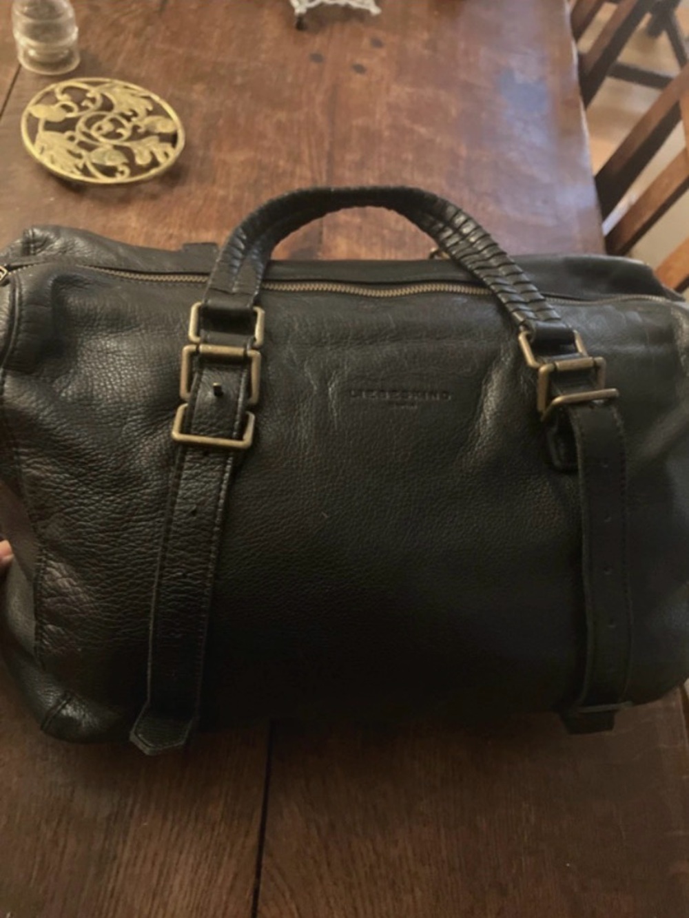 Liebeskind Black Leather Travel Satchel with Brass Hardware